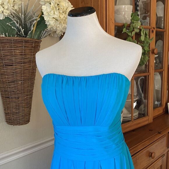 David’s Bridal Turquoise Strapless Pleated Waistband Shark Hem Party Dress Sz 10 - Picture 2 of 16